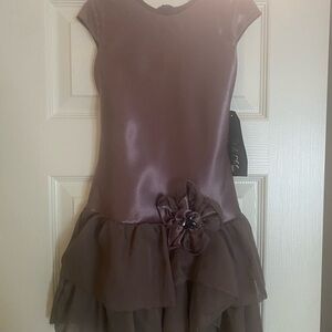 Girls Taupe Dress with Flower Accent